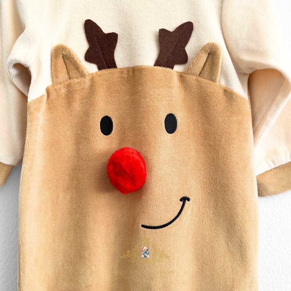 NWT Cute Reindeer Plush One-Piece Bodysuit Long Sleeve Romper Pom Pom Nose 3-6M - Picture 3 of 3